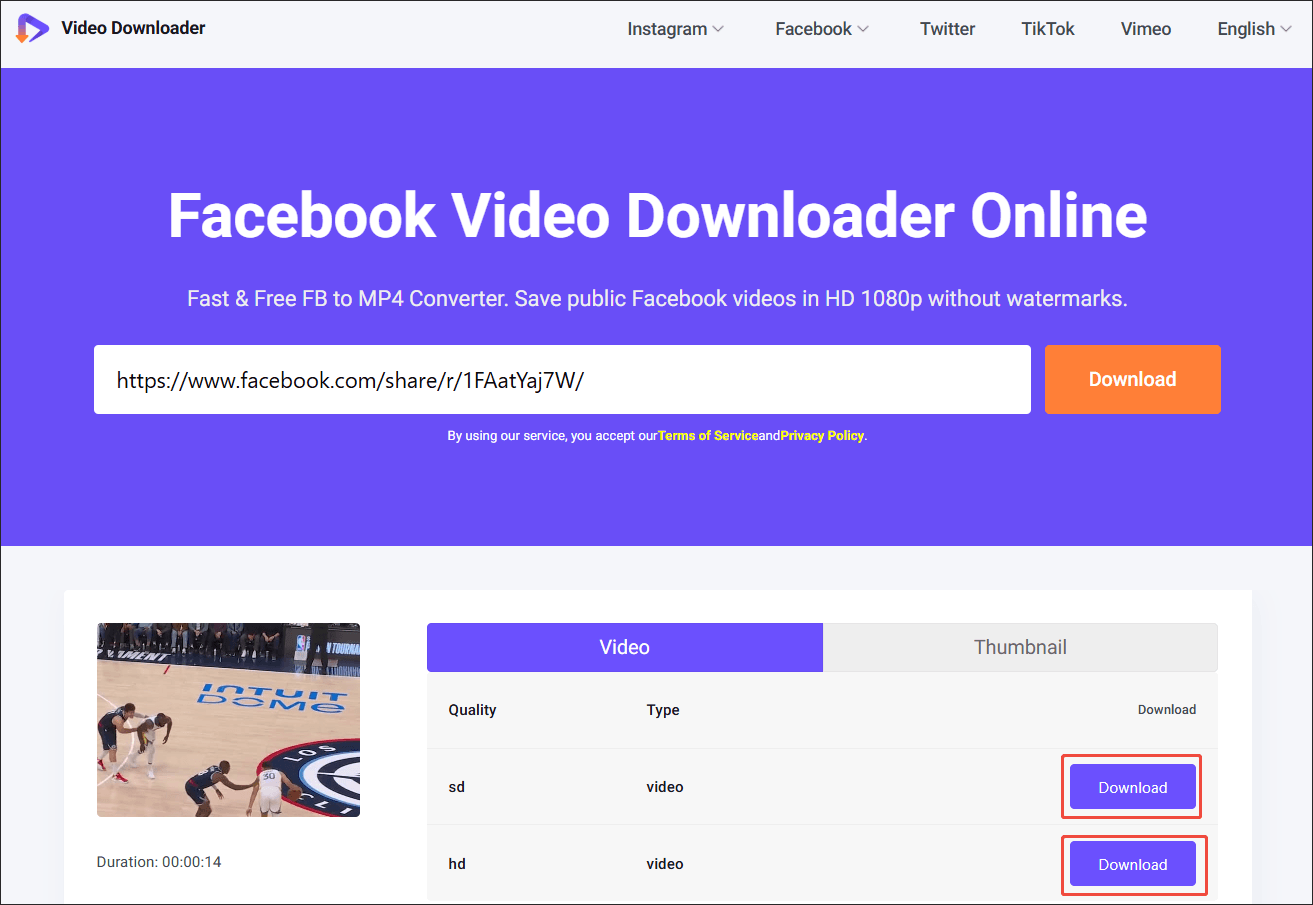Viddown.net interface with the output format and the Download option selected to start the download process.