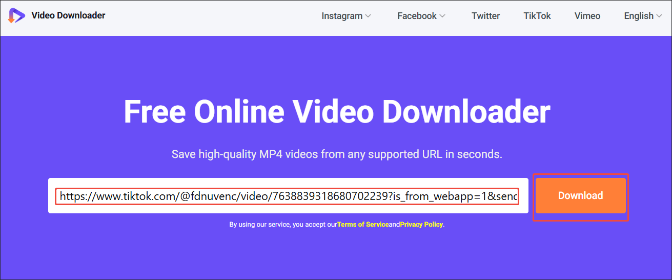 Viddown.net interface that shows how to analyze the TikTok video link.