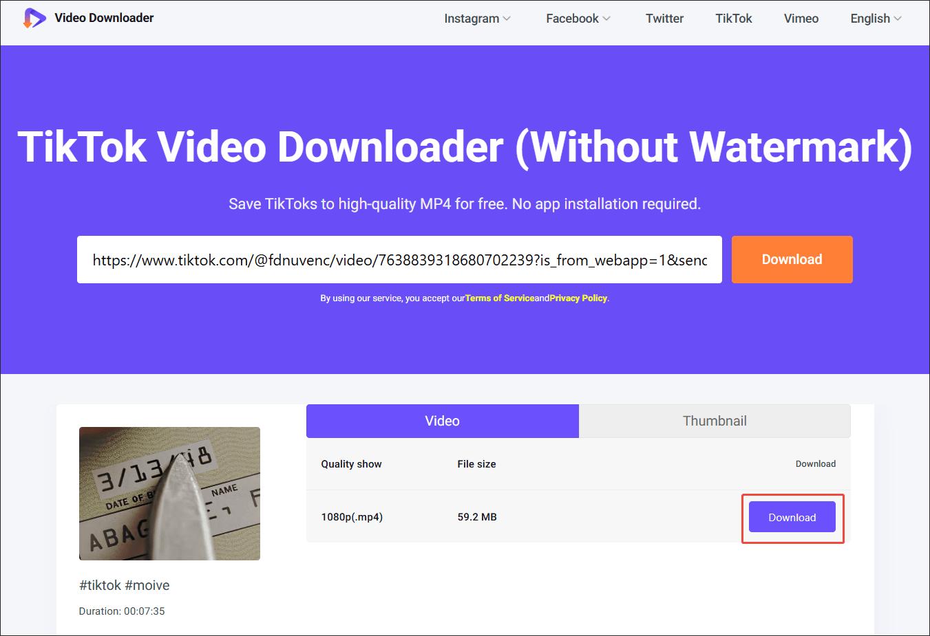Viddown.net interface that shows how to start the download process.