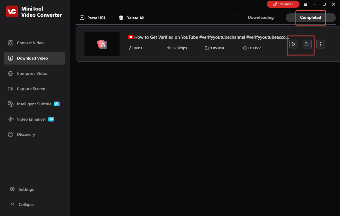 MiniTool Video Converter interface that shows how to check the output file.