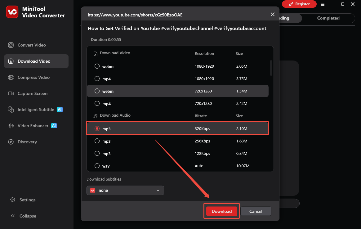 MiniTool Video Converter interface that shows how to set the output settings and begin download.