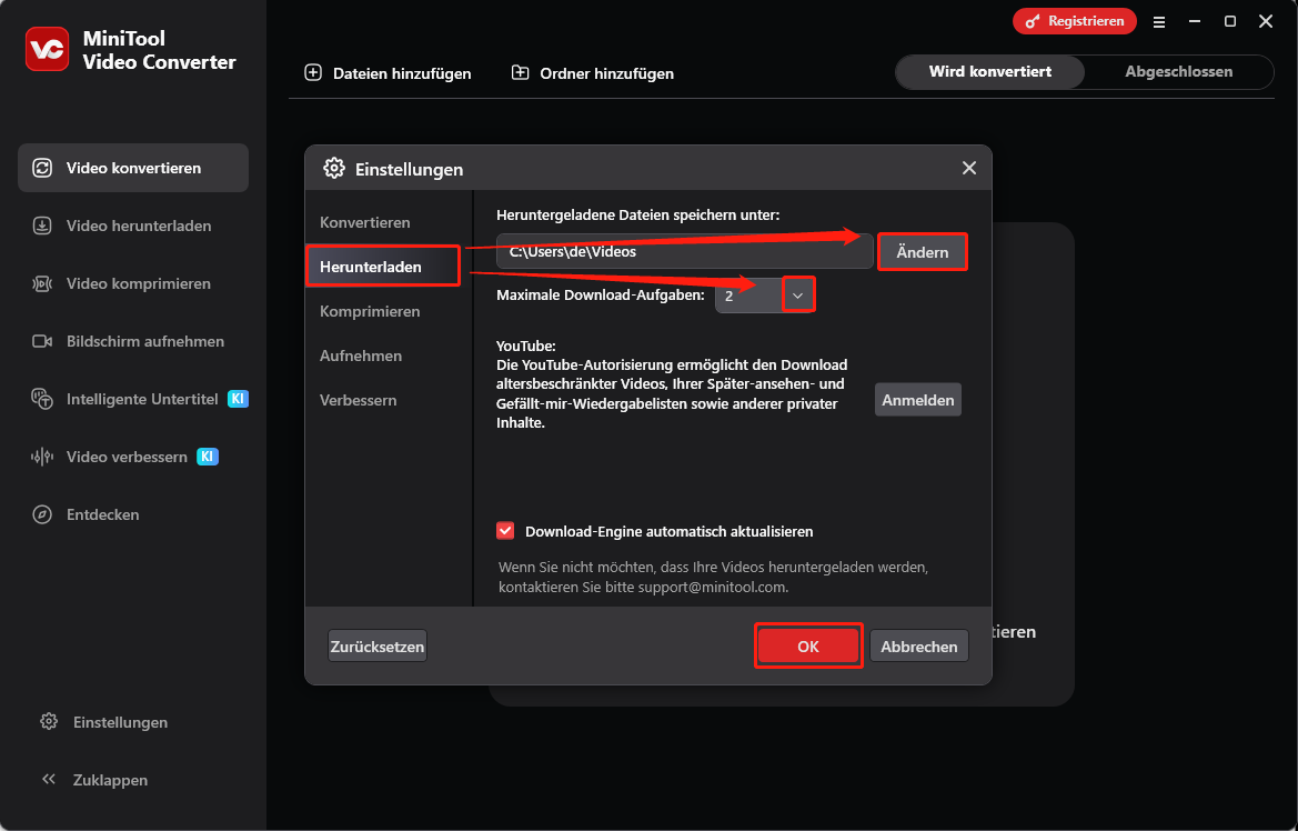 Benutzeroberfläche der Download-Einstellungen von MiniTool Video Converter mit den Optionen zur Konfiguration der Download-Parameter.
