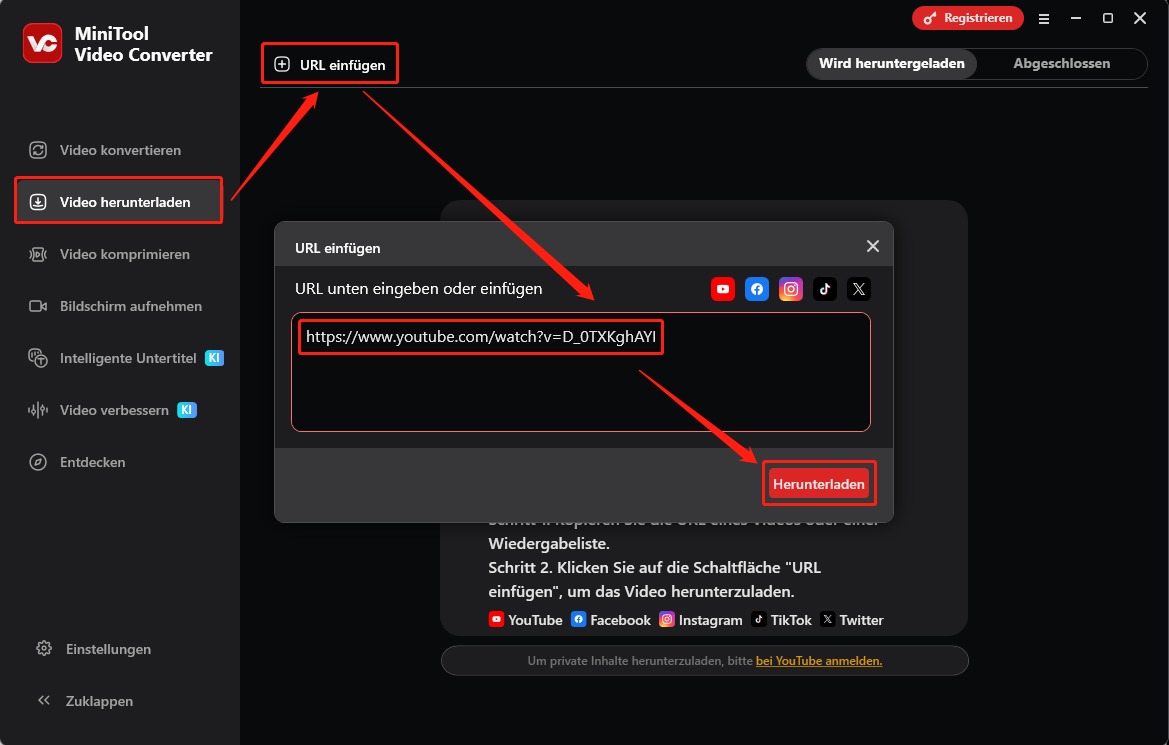 Benutzeroberfläche von MiniTool Video Converter mit der Analyse einer YouTube-Video-URL im Bereich Video herunterladen.