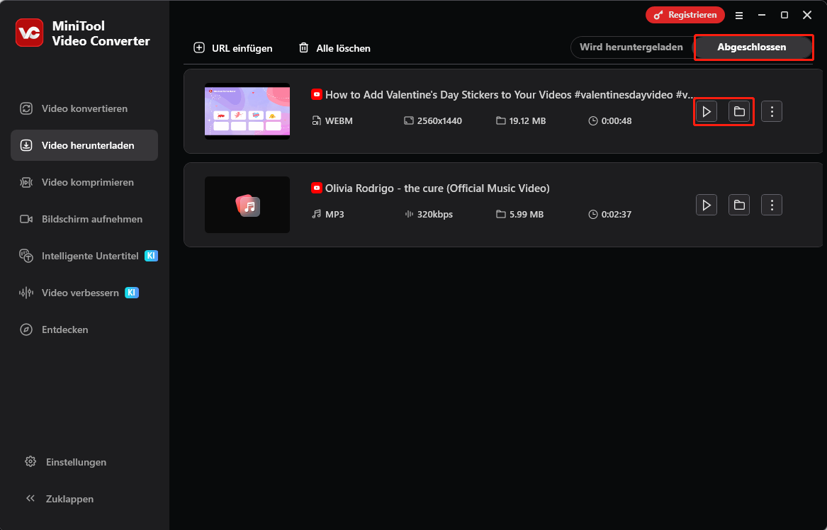 Benutzeroberfläche von MiniTool Video Converter im Bereich Video herunterladen mit ausgewähltem Wiedergabe- und Ordnersymbol im Abschnitt Abgeschlossen.