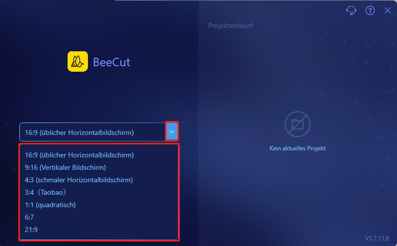 Hauptoberfläche von BeeCut mit geöffnetem Menü für das Video-Seitenverhältnis.