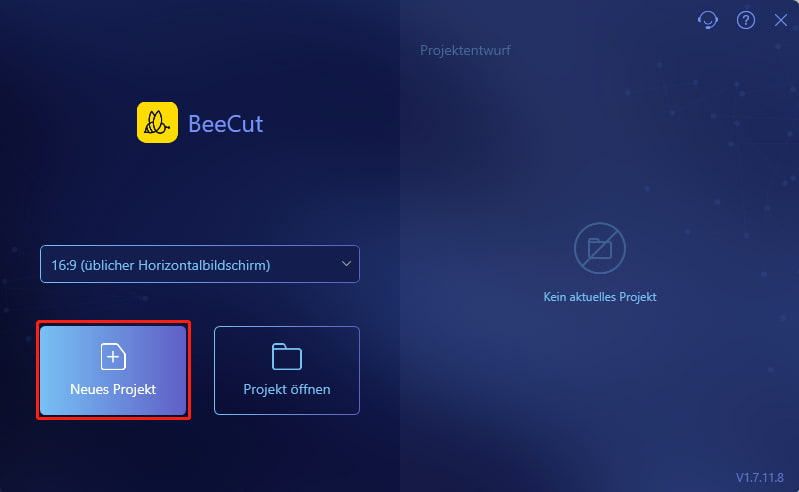 Hauptoberfläche von BeeCut mit ausgewählter Option „Neues Projekt“.