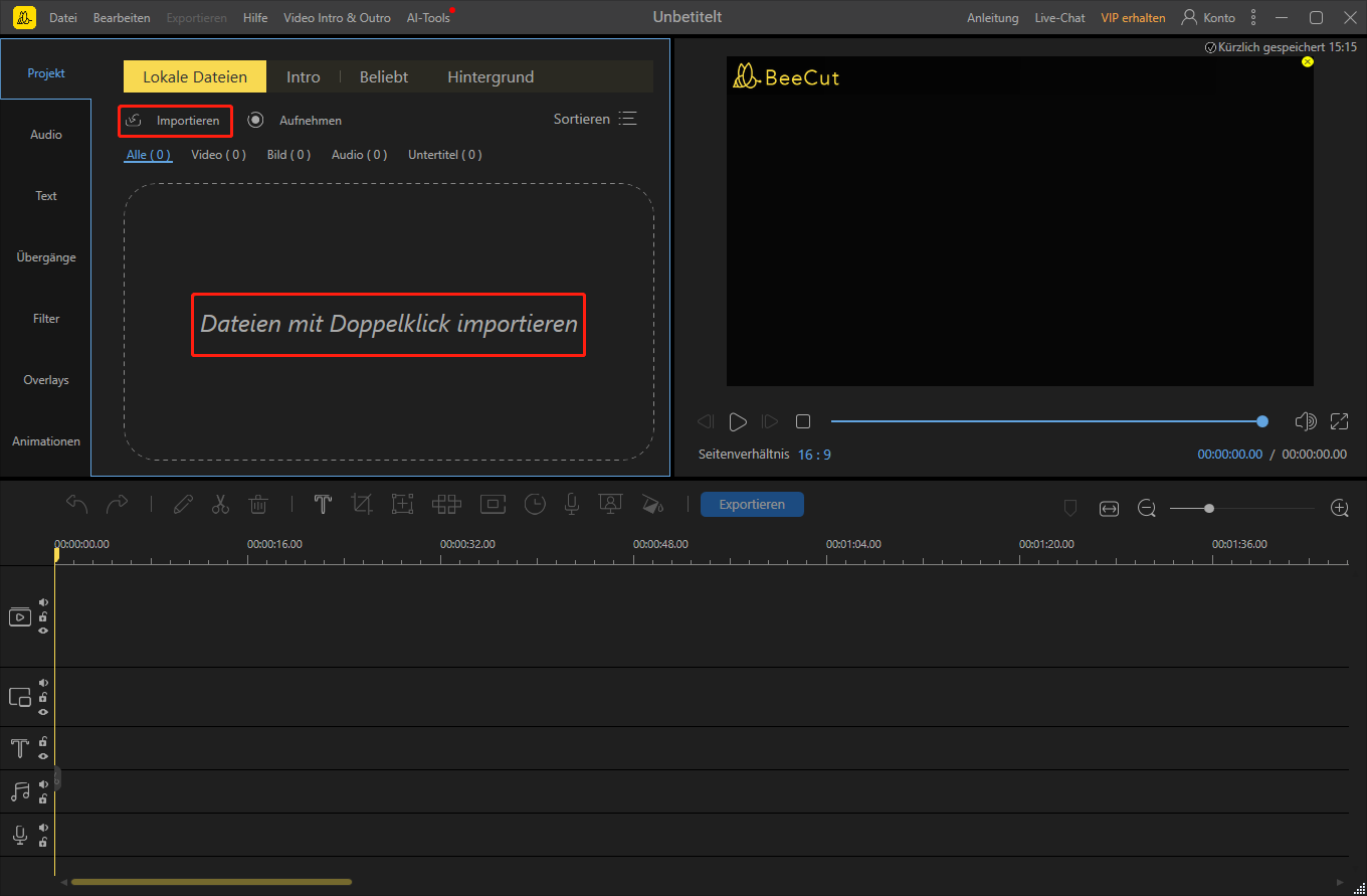 Videobearbeitungsoberfläche von BeeCut mit ausgewählter Option „Importieren“ und Bereich „Dateien durch Doppelklick importieren“.