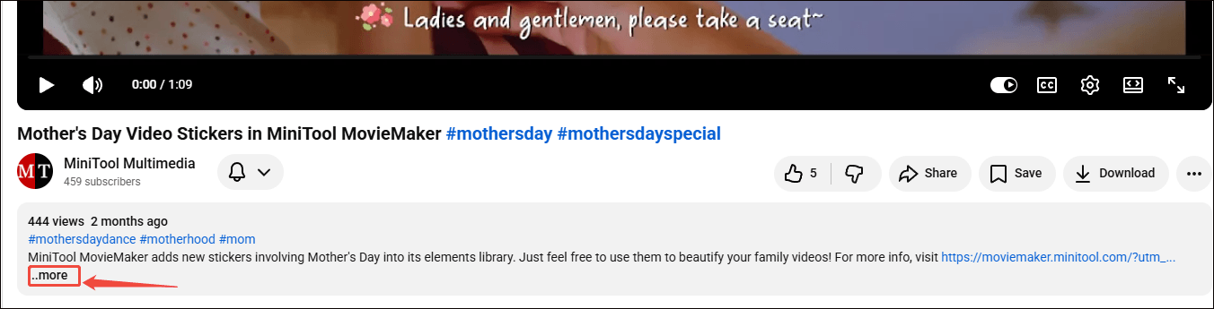 YouTube video playback interface with the more option selected.