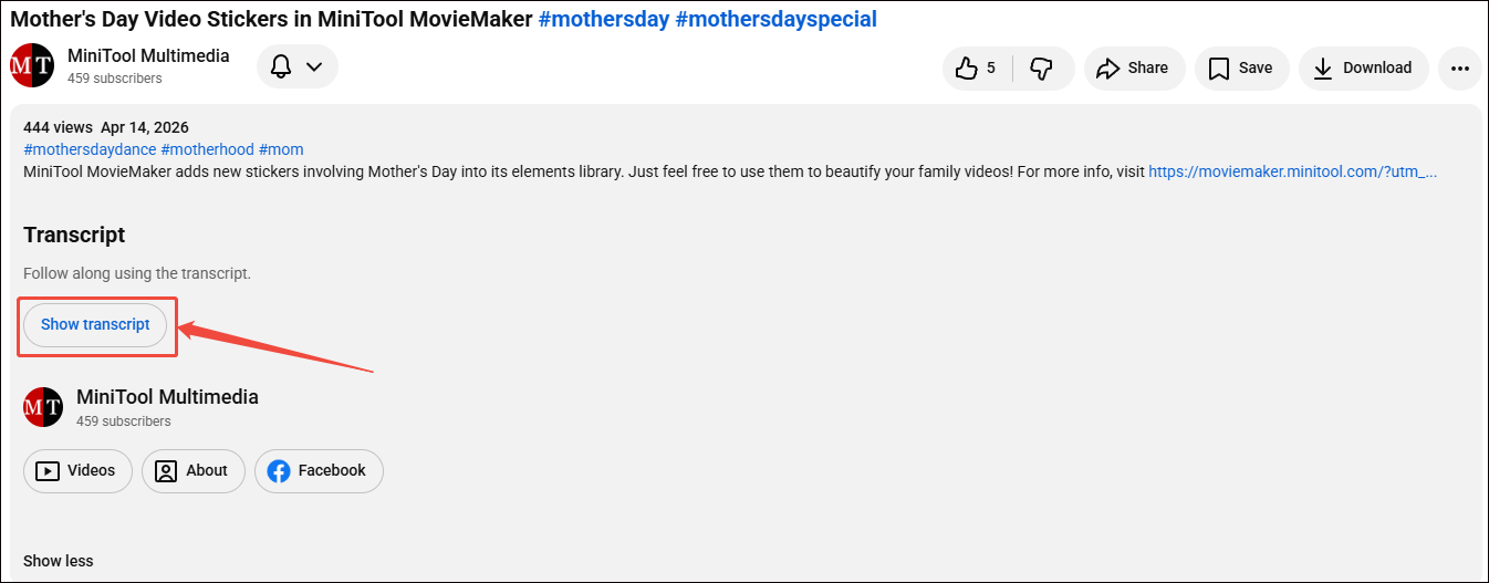 YouTube video playback interface with the Show transcript option selected.
