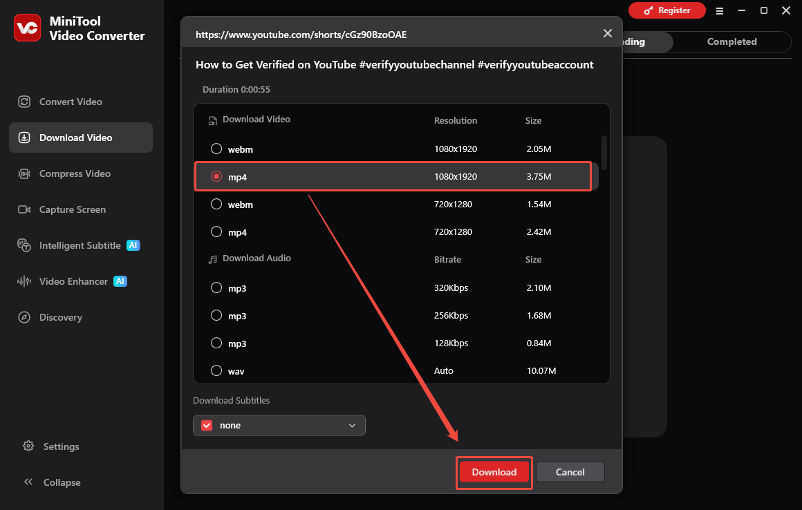 MiniTool Video Converter interface that shows how to set the output settings and begin the download.
