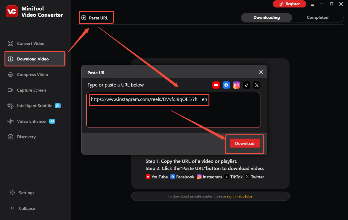 MiniTool Video Converter interface that shows how to analyze the Instagram URL.