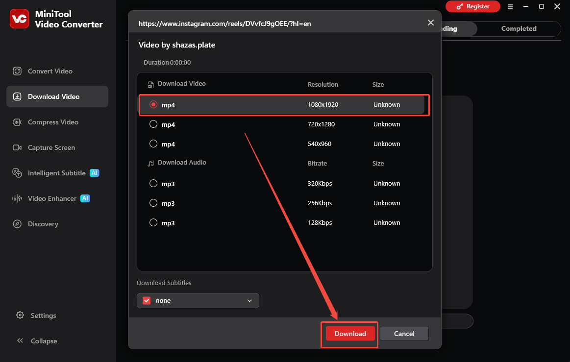 MiniTool Video Converter interface that shows how to configure the output settings and start the download process.