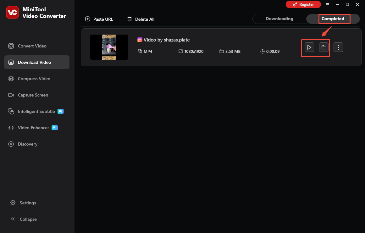 MiniTool Video Converter interface with the Play and Folder icons selected to view or locate the output video.