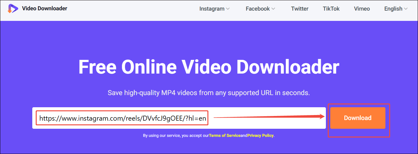 Viddown.net interface with the link pasted and the Download option selected to analyze the Instagram URL.