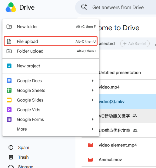 Google Drive interface with the New and File upload options selected to import the downloaded video.