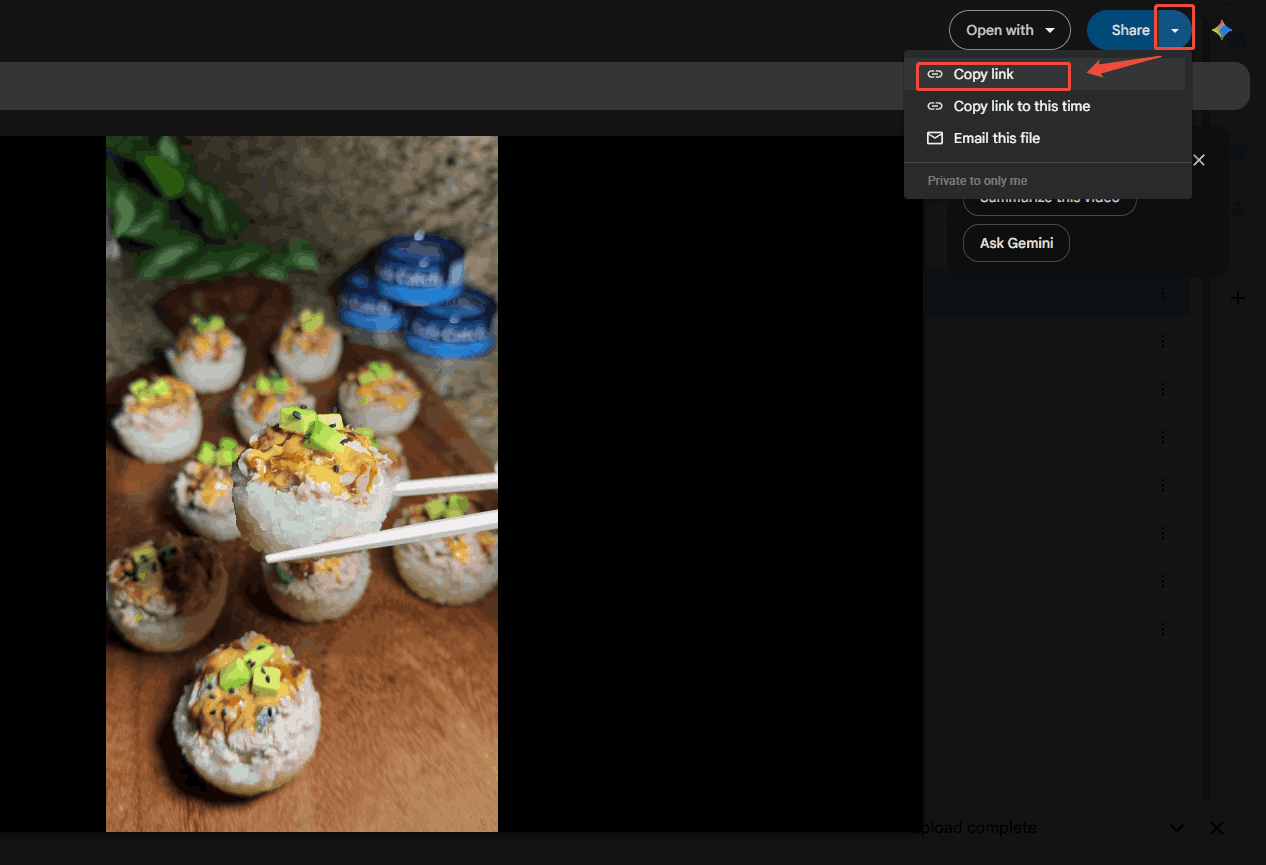 Google Drive interface with the Copy link option selected to copy the video share link.