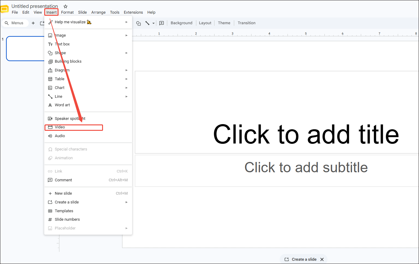 Google Slides interface with the Insert and Video options selected to open the pop-up.