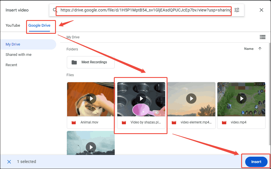 Google Slides interface with the Insert option selected to import the video into Google Slides.