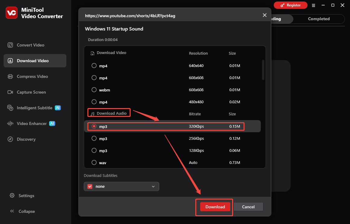 MiniTool Video Converter interface that shows how to set the output settings and begin the download.