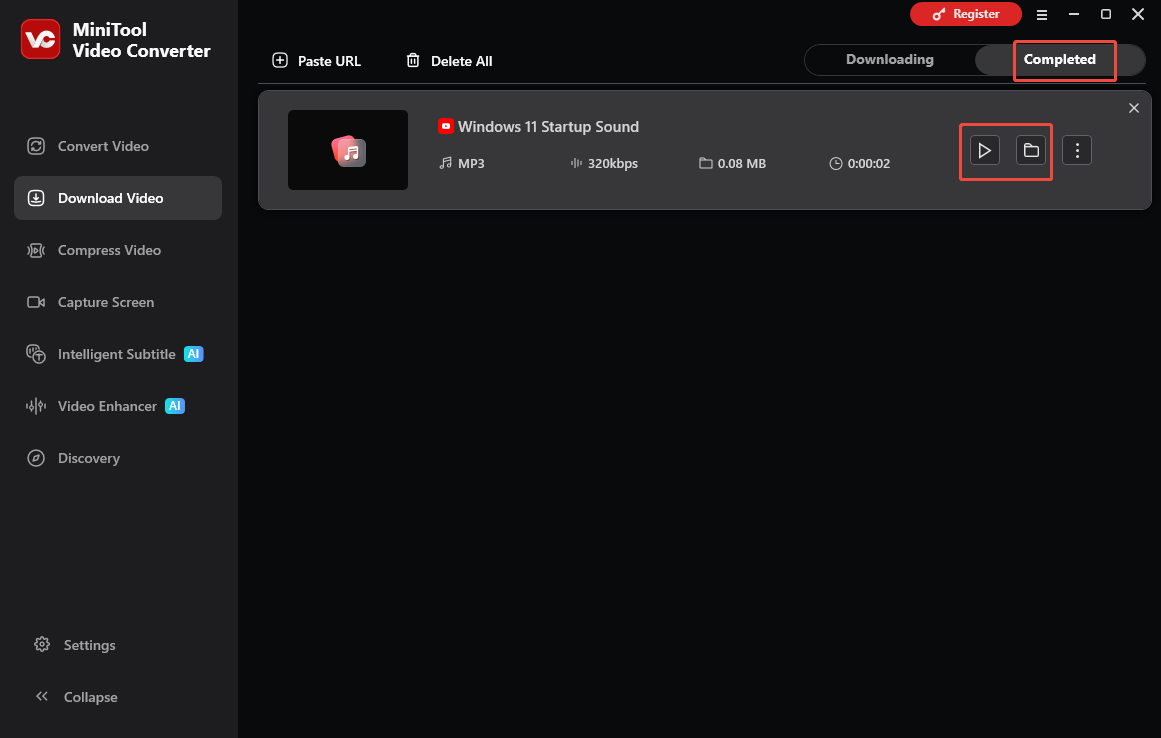 MiniTool Video Converter interface that shows how to view and locate the output file.