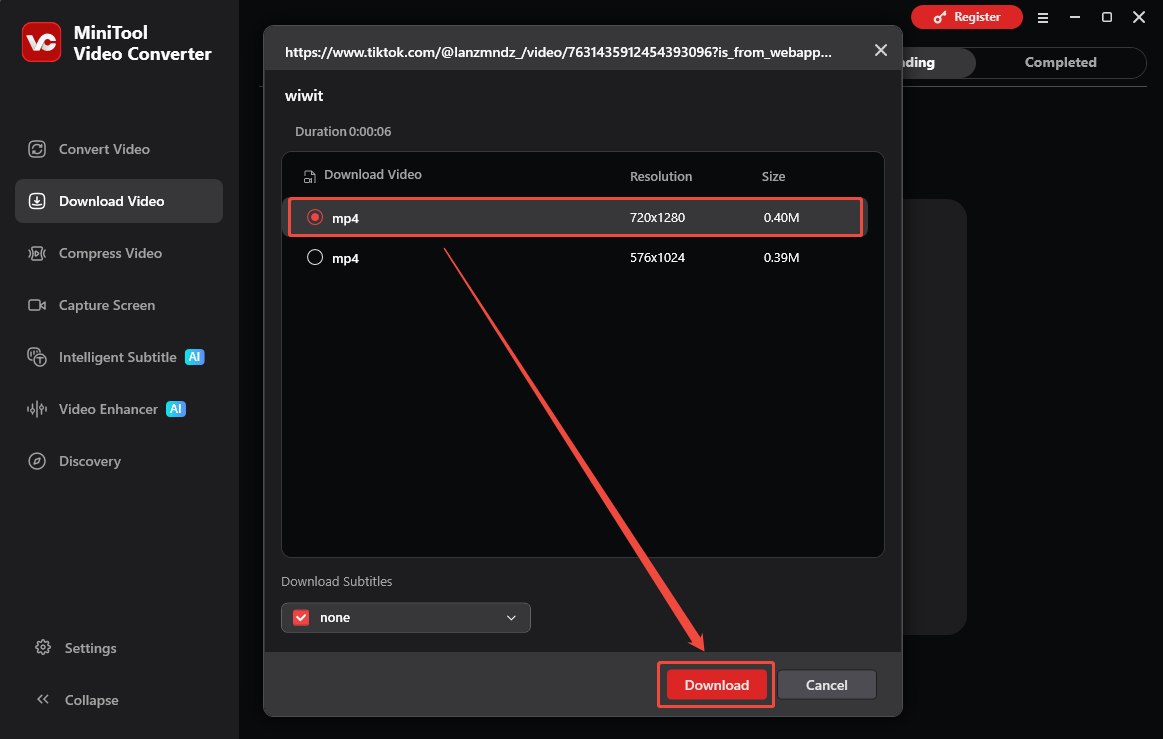 The Download Video interface of MiniTool Video Converter with the output format and the Download option selected.