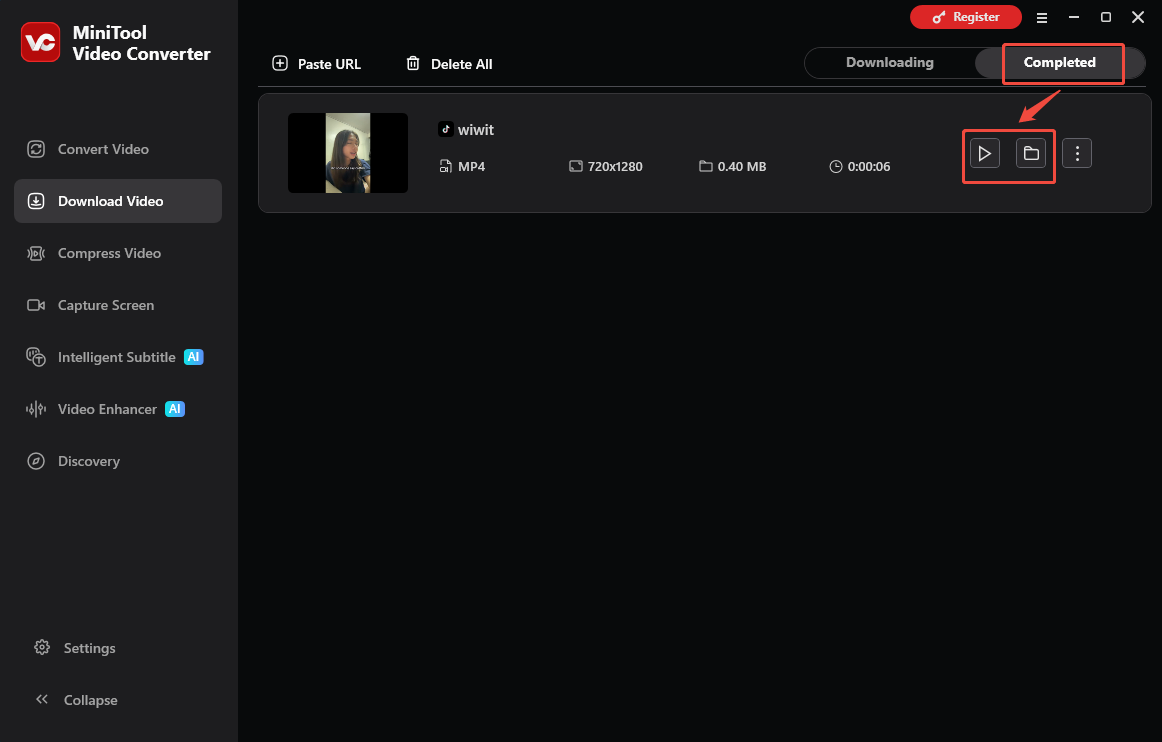The Download Video interface of MiniTool Video Converter with the Play and Folder icons selected to check the output video.