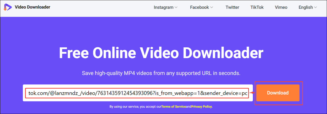Viddown net interface with the URL copied and the Download option selected to start the link analysis.