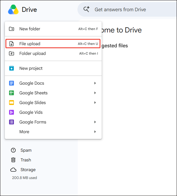 Google Drive interface with the File upload option selected to import the downloaded TikTok video.