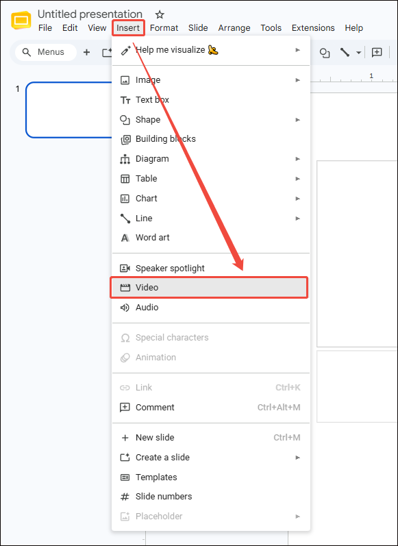 Google Slides interface with the Insert and Video options selected to open the video insertion window.