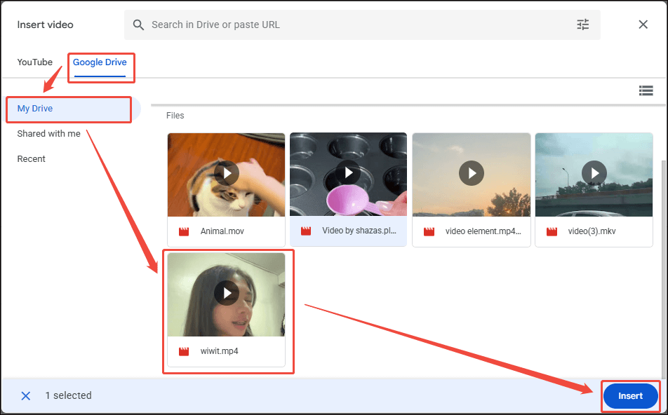 Google Slides interface that shows how to insert the downloaded TikTok videos into Google Drive.