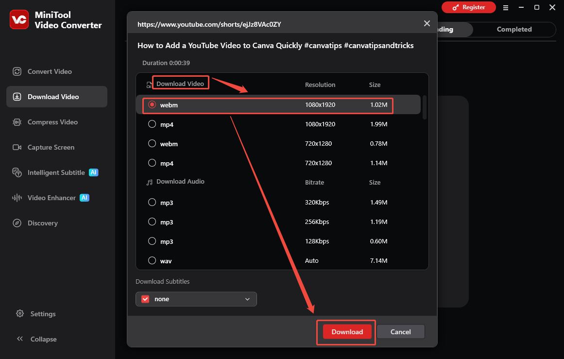 MiniTool Video Converter interface that shows how to set the output settings and begin the download.