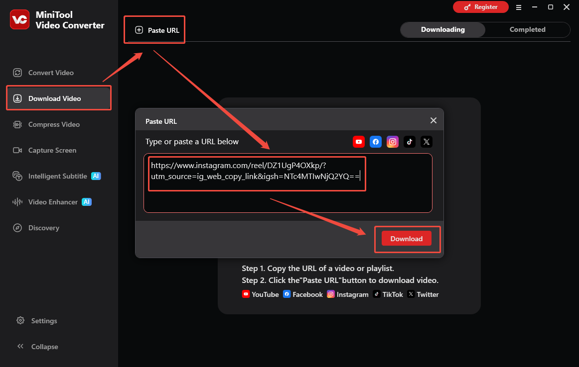 The Download Video interface of MiniTool Video Converter that shows how to analyze the Instagram URL.