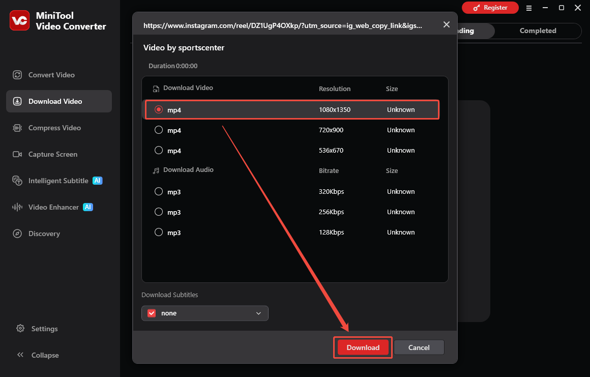 The Download Video interface of MiniTool Video Converter that shows how to set the output resolution and start the download.