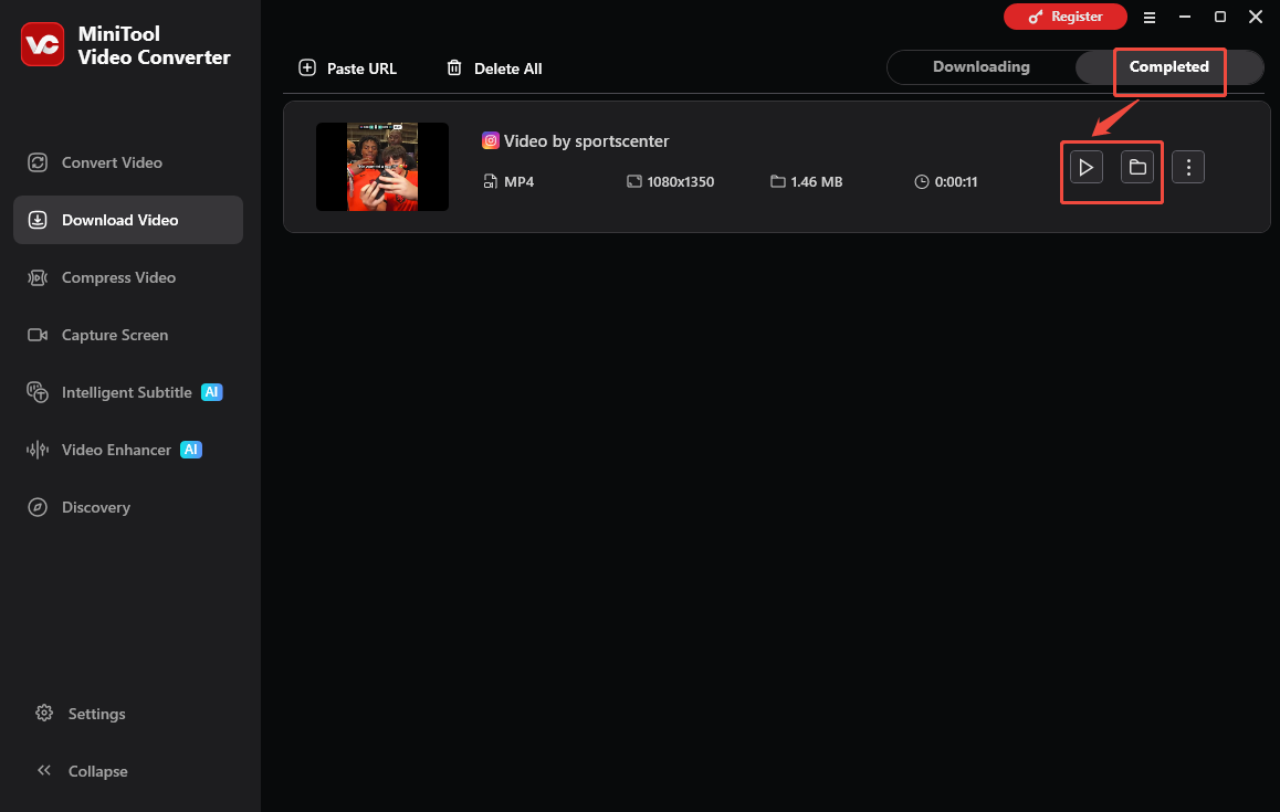 The Download Video interface of MiniTool Video Converter that shows how to check the output video.