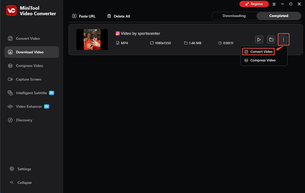 The Download Video interface of MiniTool Video Converter with the More icon and the Convert Video option selected.