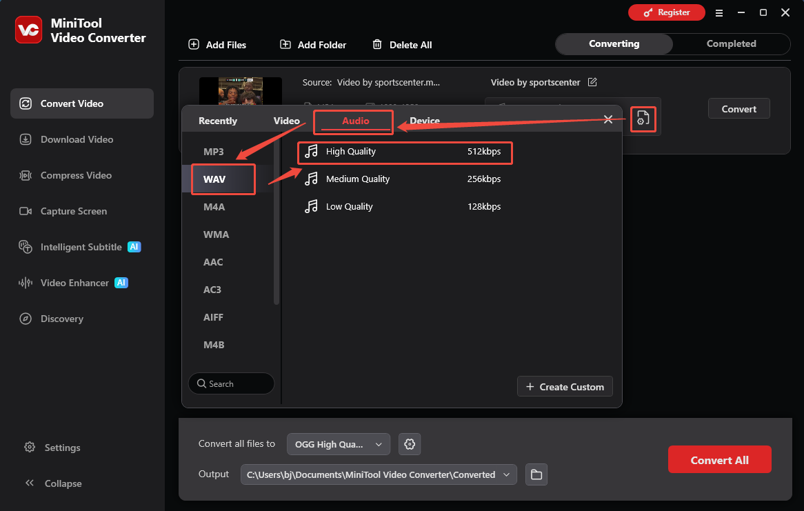 The Convert Video interface of MiniTool Video Converter that shows how to set WAV as the output format.