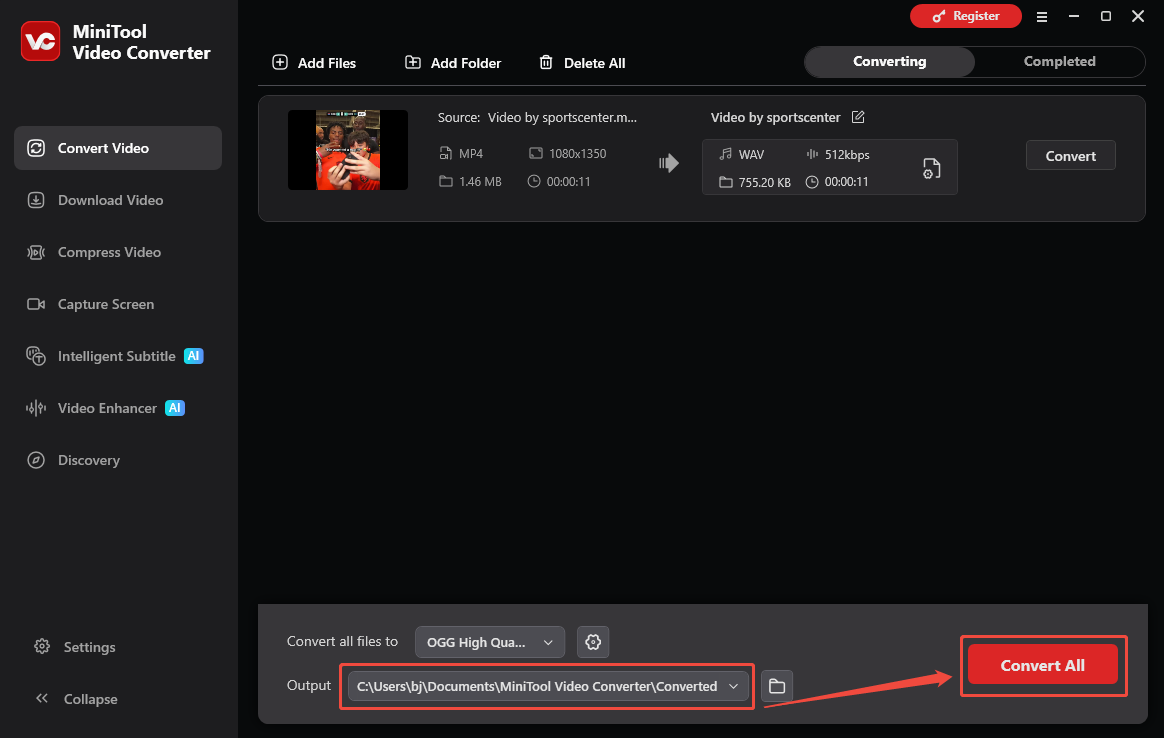 The Convert Video interface of MiniTool Video Converter that shows how to set an output folder and begin conversion.