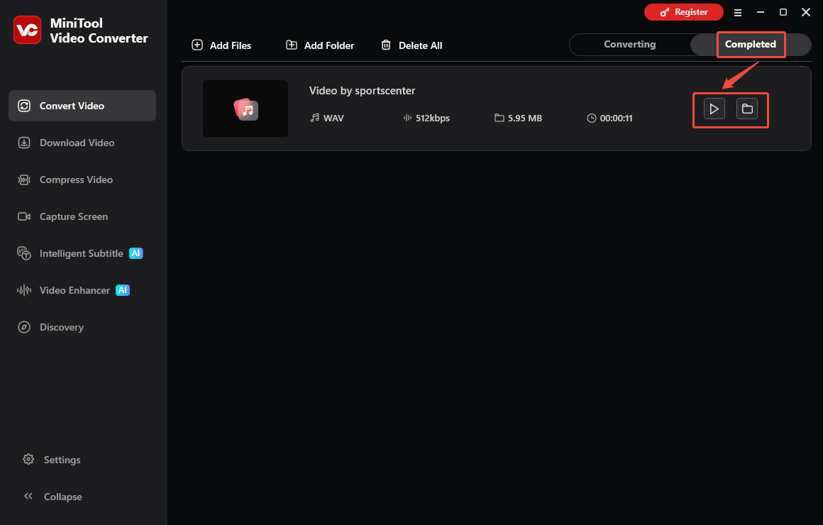 The Convert Video interface of MiniTool Video Converter that shows how to check the output file.