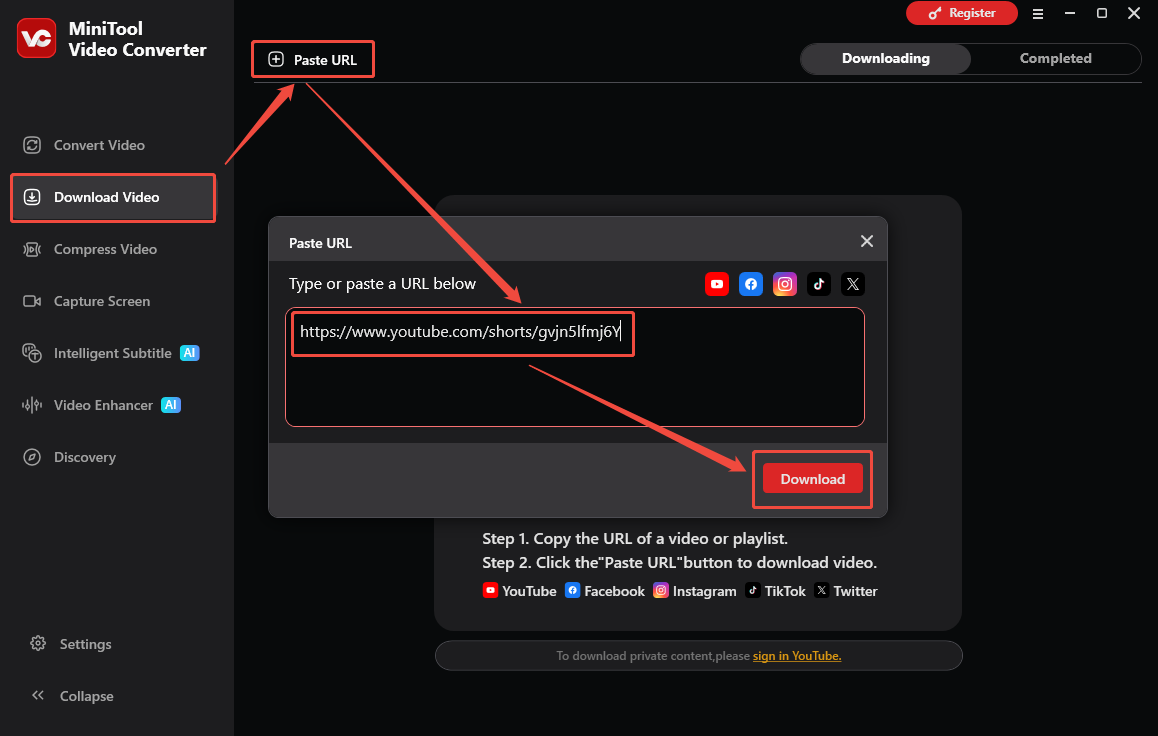 The Download Video interface of MiniTool Video Converter that shows how to analyze the TikTok URL.