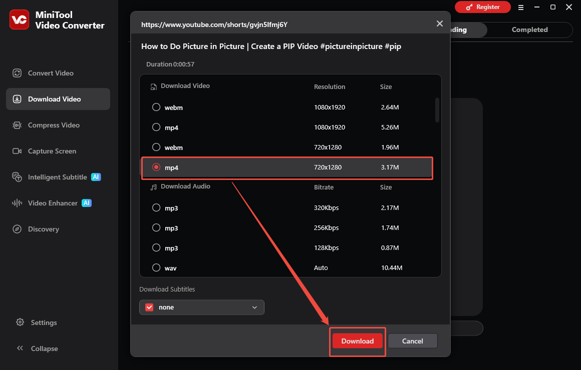 The Download Video interface of MiniTool Video Converter with the output format and the Download option selected.