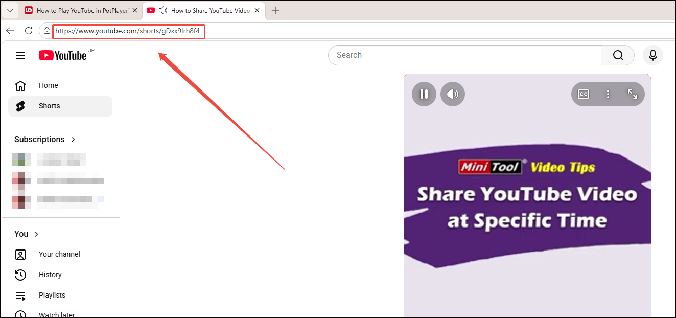 YouTube website interface with the URL copied.