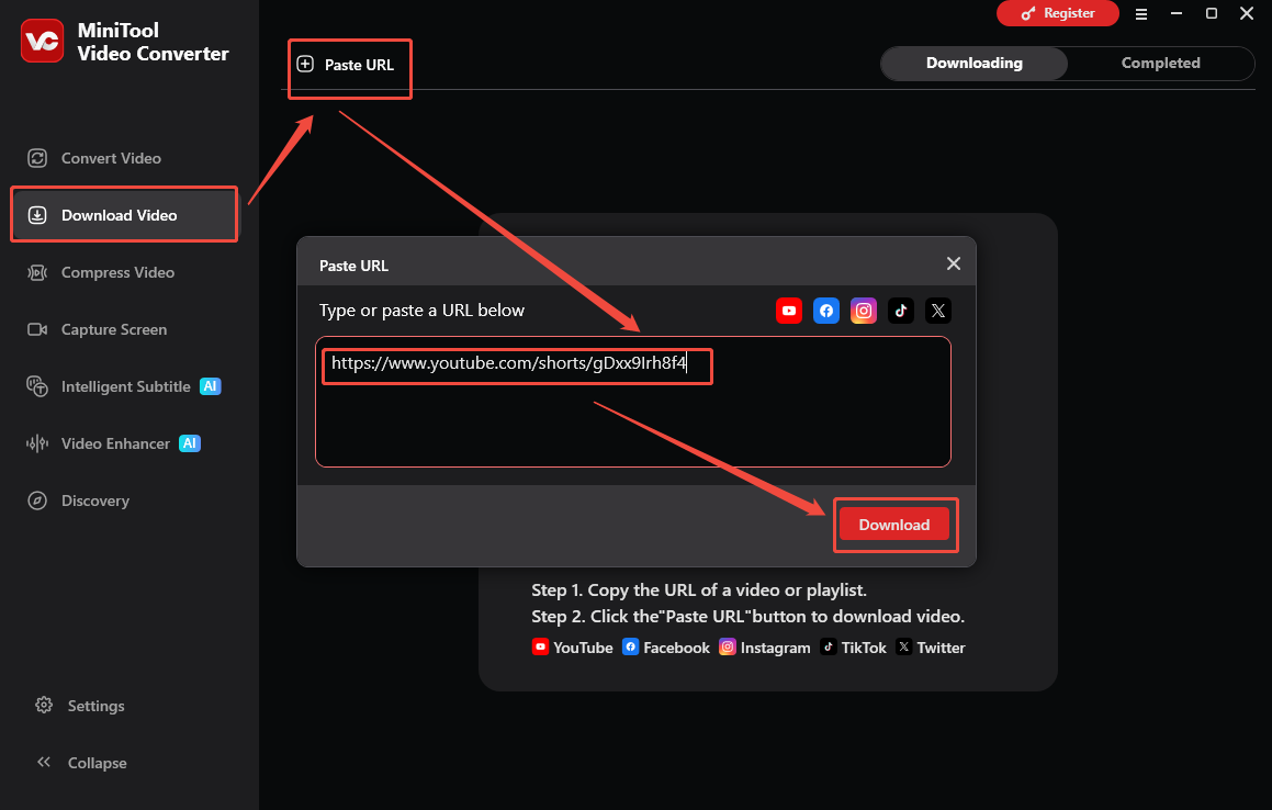 MiniTool Video Converter interface that shows how to analyze the YouTube URL.