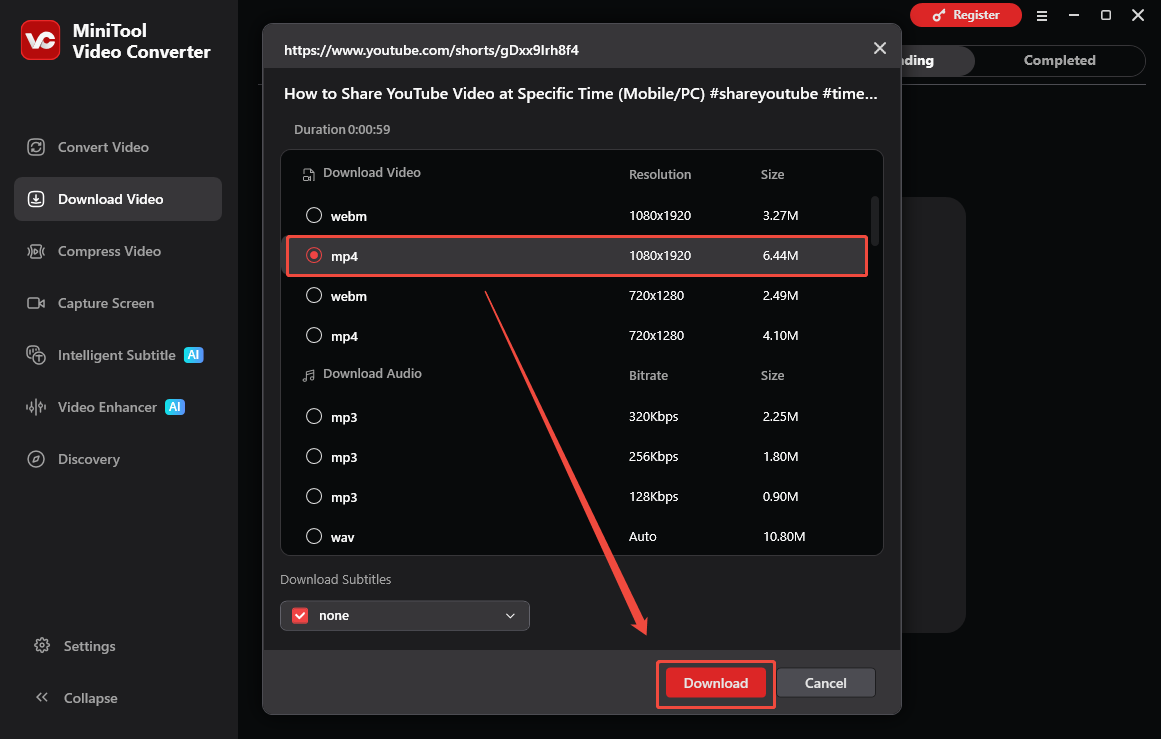 MiniTool Video Converter interface that shows how to configure the output settings and start the download process.