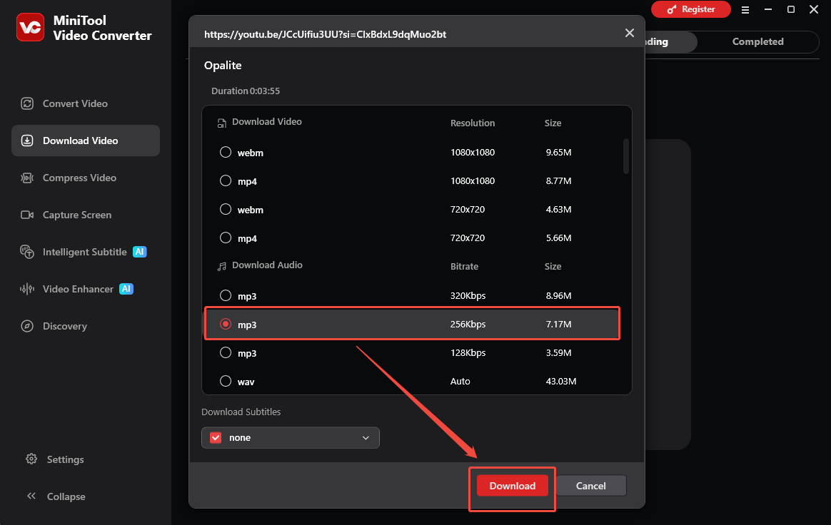 MiniTool Video Converter interface that shows how to configure the output settings and start the download process.