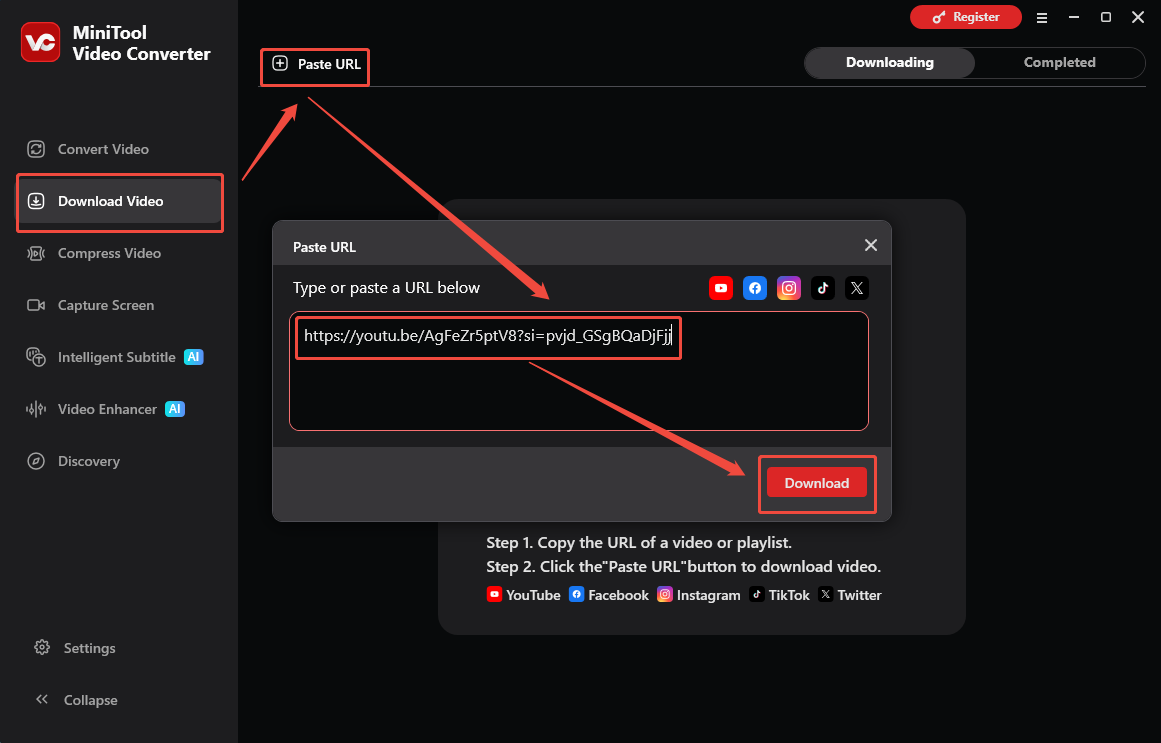 MiniTool Video Converter interface that shows how to analyze the YouTube URL.