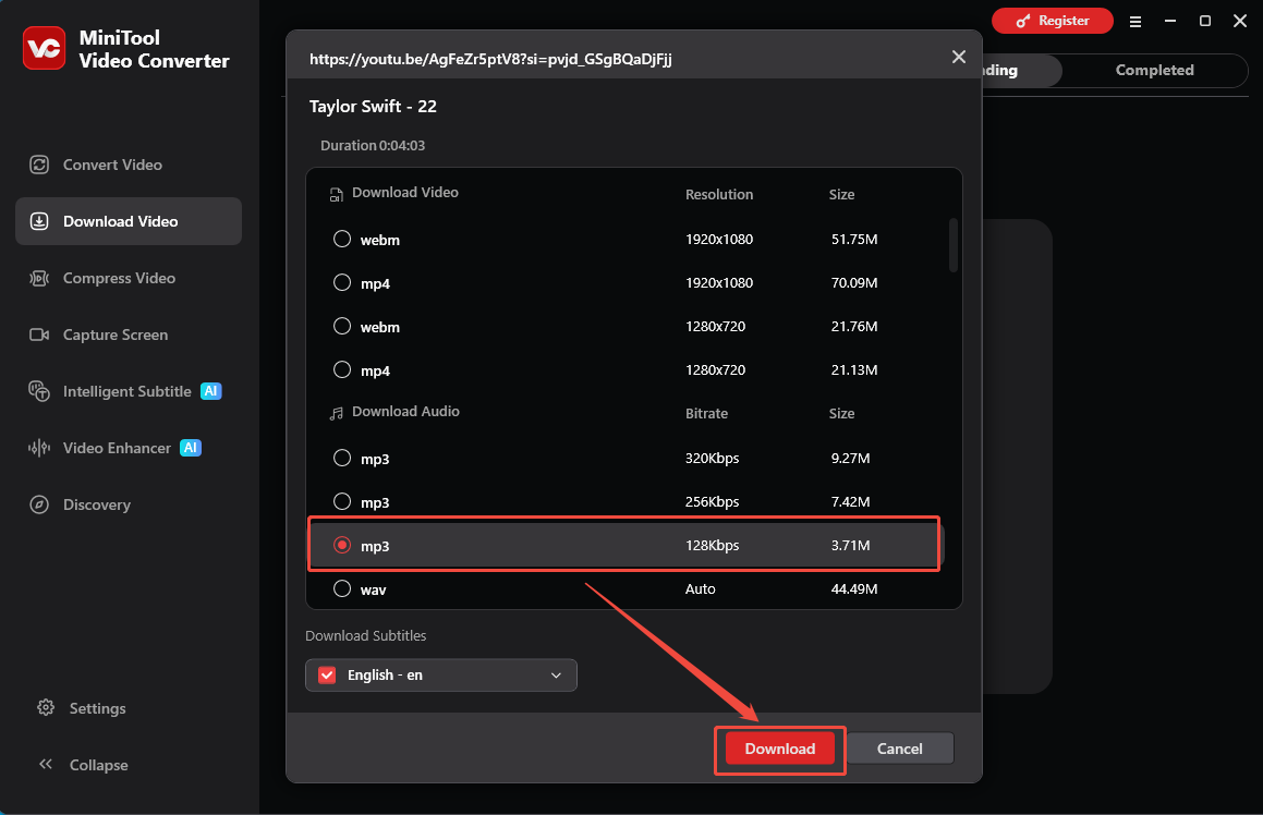 MiniTool Video Converter interface that shows how to configure the output settings and start the download process.