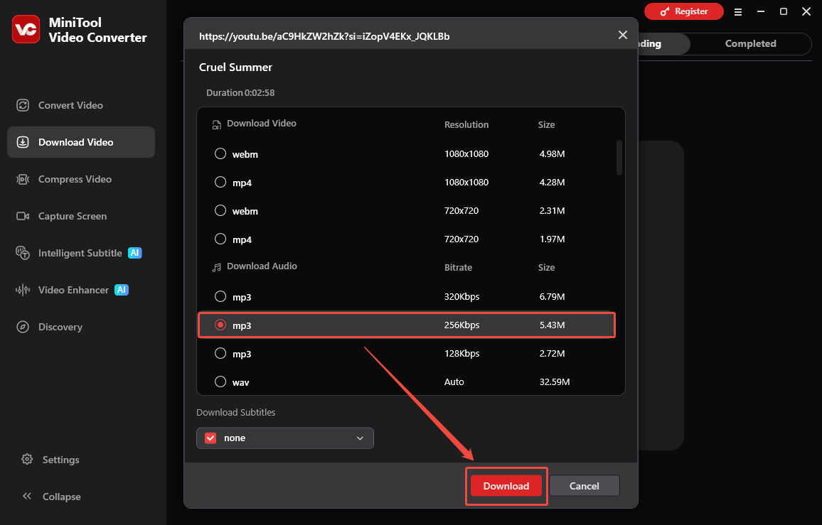 MiniTool Video Converter interface that shows how to configure the output settings and start the download process.