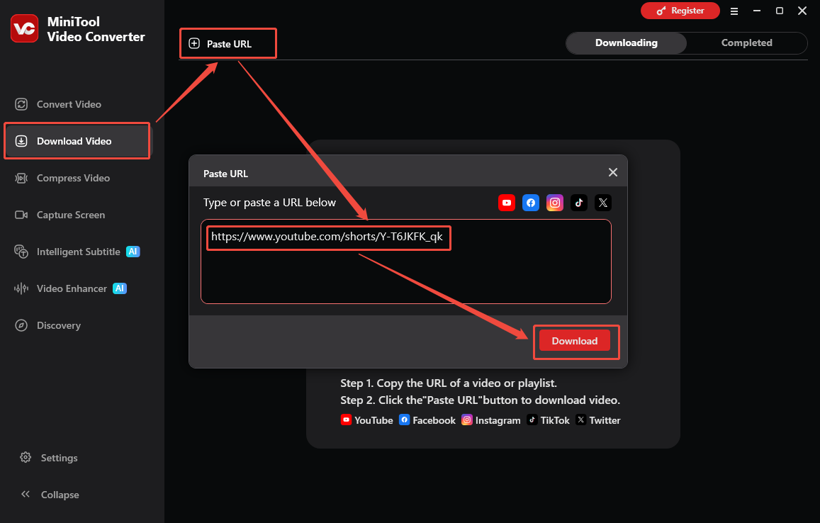 MiniTool Video Converter interface that shows how to analyze the YouTube video link.