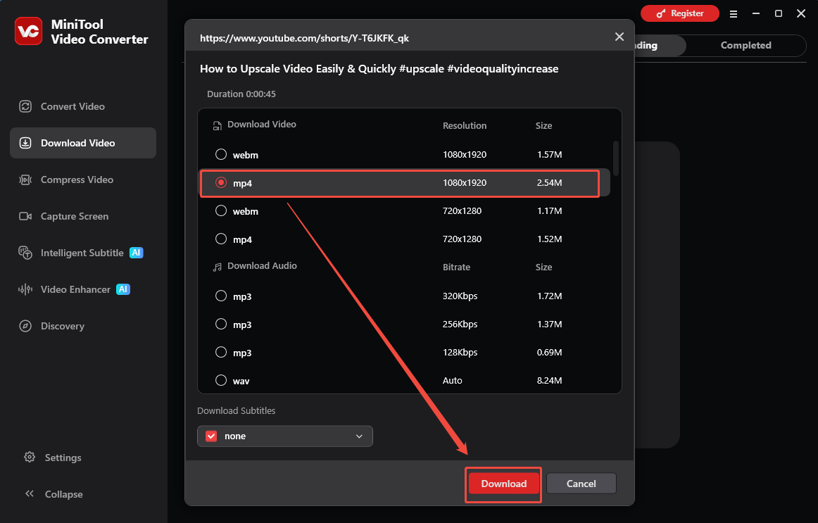 MiniTool Video Converter interface that shows how to set the output settings and begin the download.
