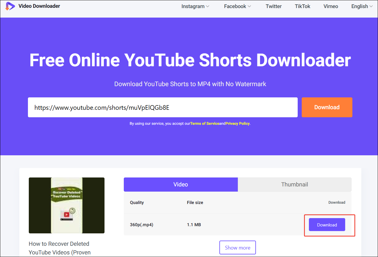 Viddown.net interface that shows how to start the download process.